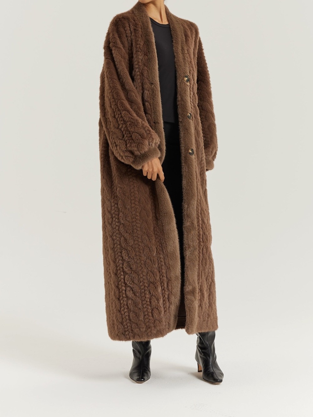 Long Brown Faux Fur Button-Front Cape Coat